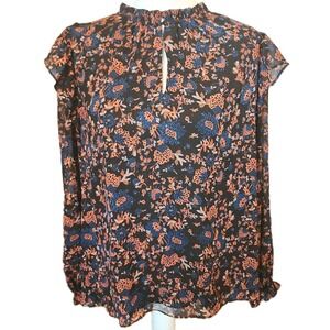 Joie Peasant Blouse Top Womens Size L Black Orange Blue Sheer Sparkle Floral Fun
